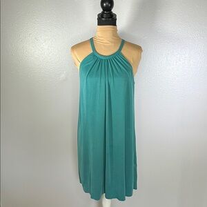 Teal blue sleeveless gathered halter neck flowey summer vacation mini dress sz L